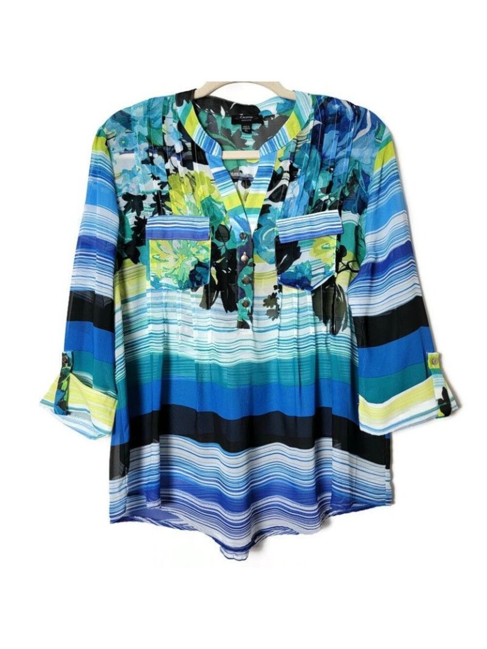 Cocomo Womens Blue Floral Striped Artsy 3/4 Sleeves Sheer Top Petite Large